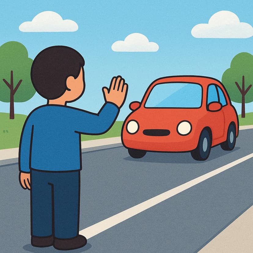 A storybook illustration showing a person standing on a road with their hand held up, palm facing forward, signaling a brightly colored car to halt its movement immediately.