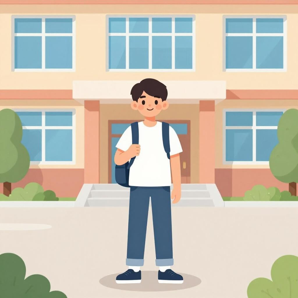 Um adolescente usando uma mochila caminhando em direção a um prédio com um grande ônibus escolar estacionado por perto.