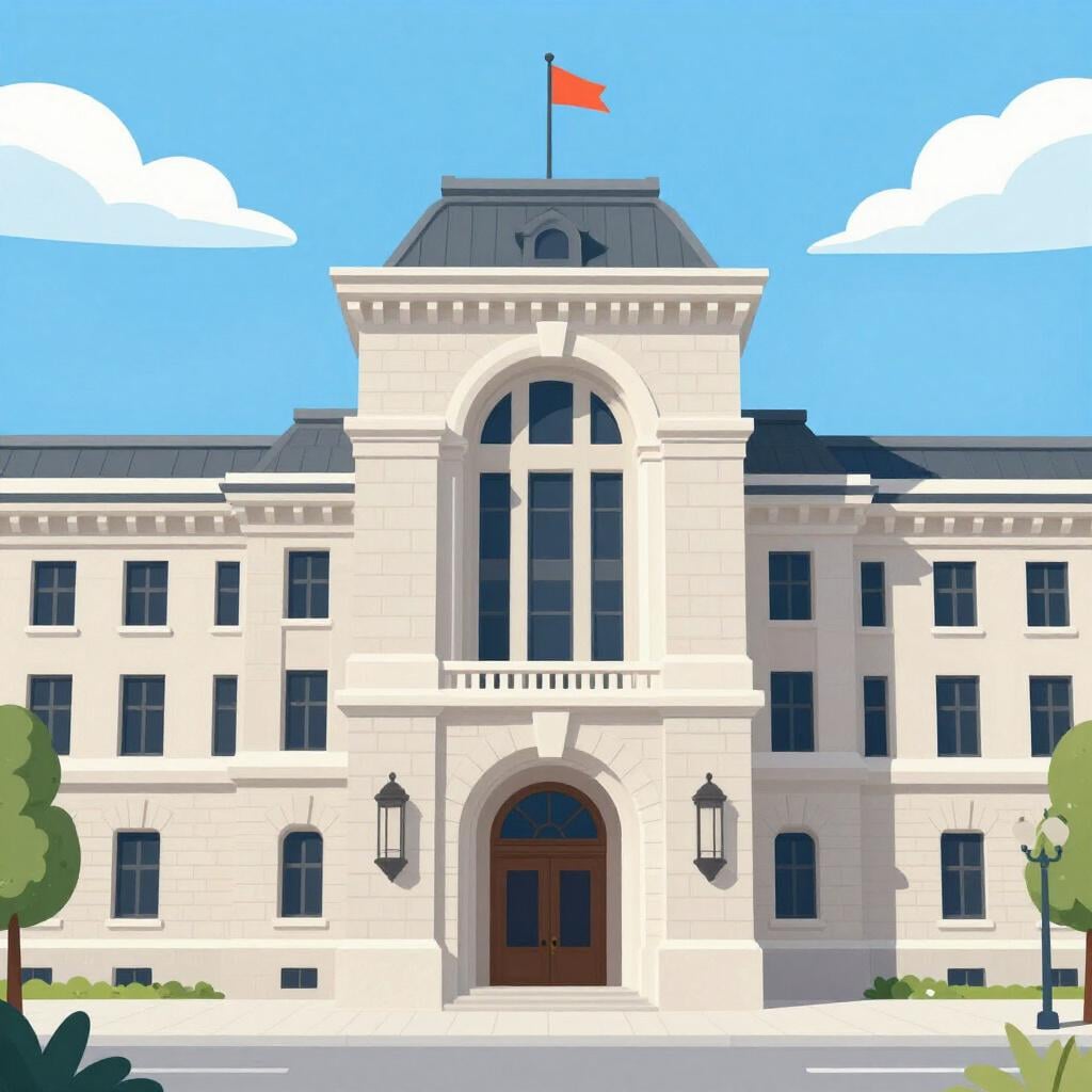A grand municipal building with a large clock tower and flags flying in front.