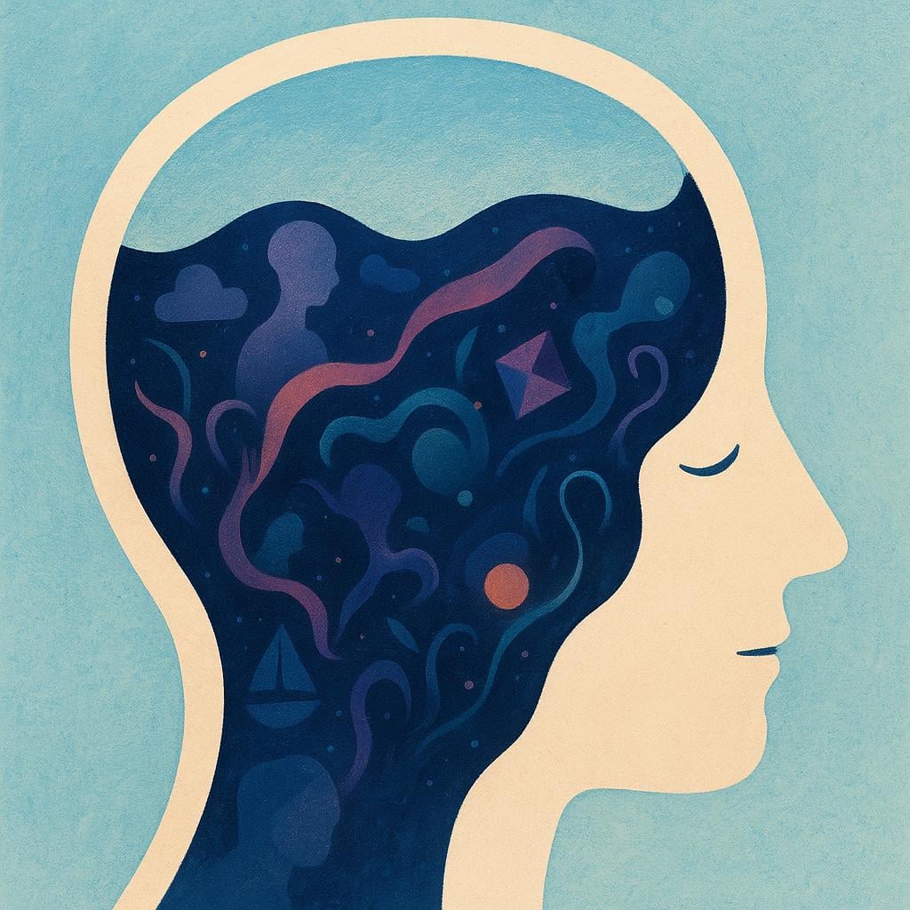 A large, simplified profile of a human head. The visible upper part of the brain is light, while the lower, hidden part is a deep, complex cavern filled with swirling colors and abstract, hidden memories.
