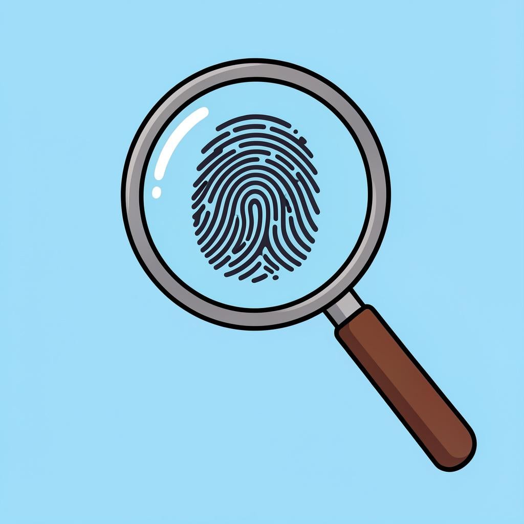 A close-up of a magnifying glass over a single fingerprint on a clean surface.