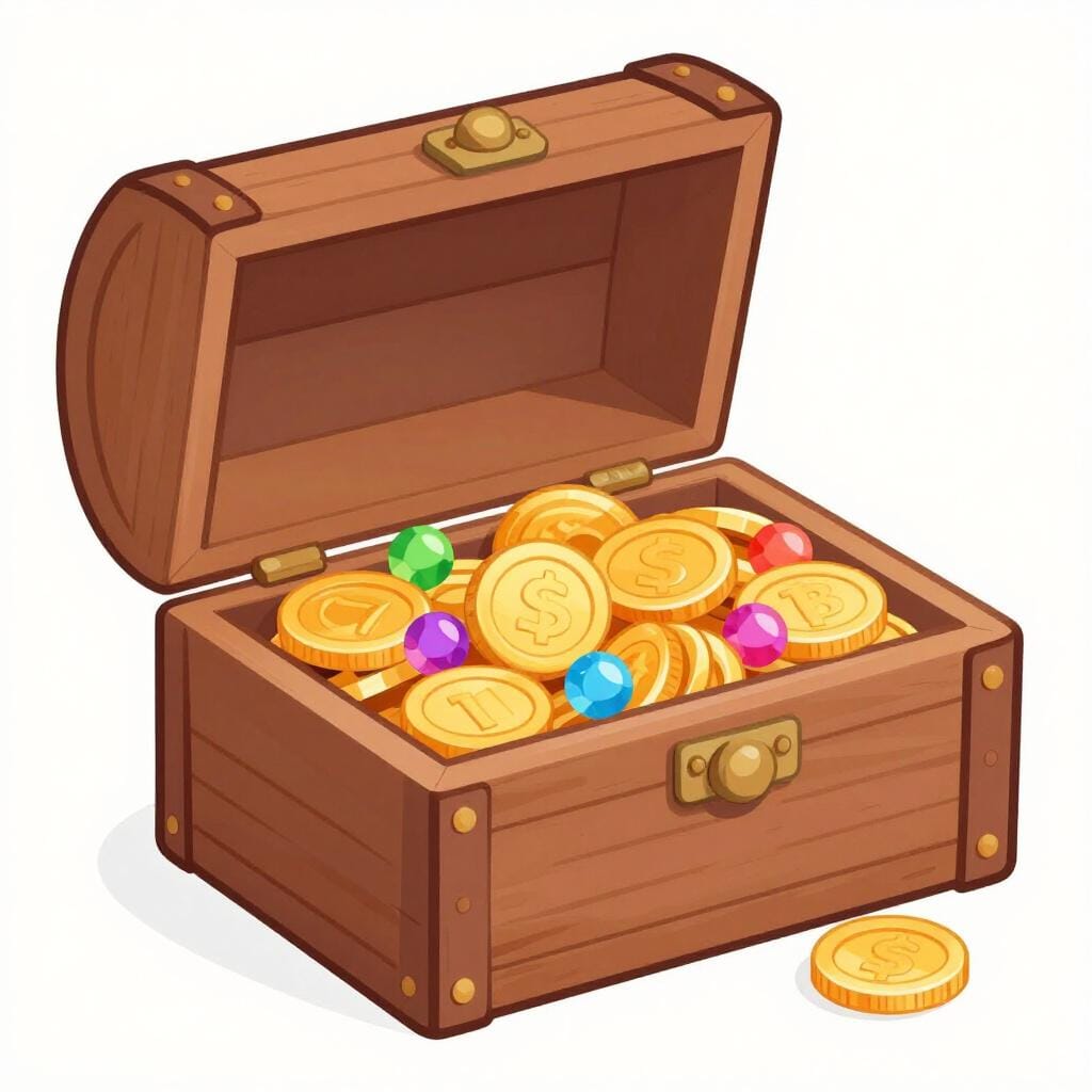 A wooden chest overflowing with shiny gold coins and colorful sparkling jewels.