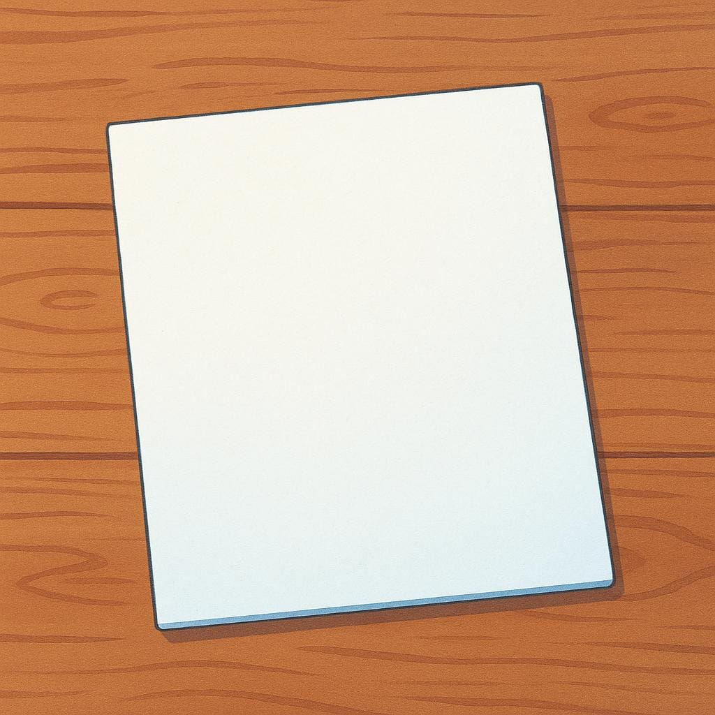 A clean, blank white rectangular sheet of paper resting flat on a colorful wooden surface.
