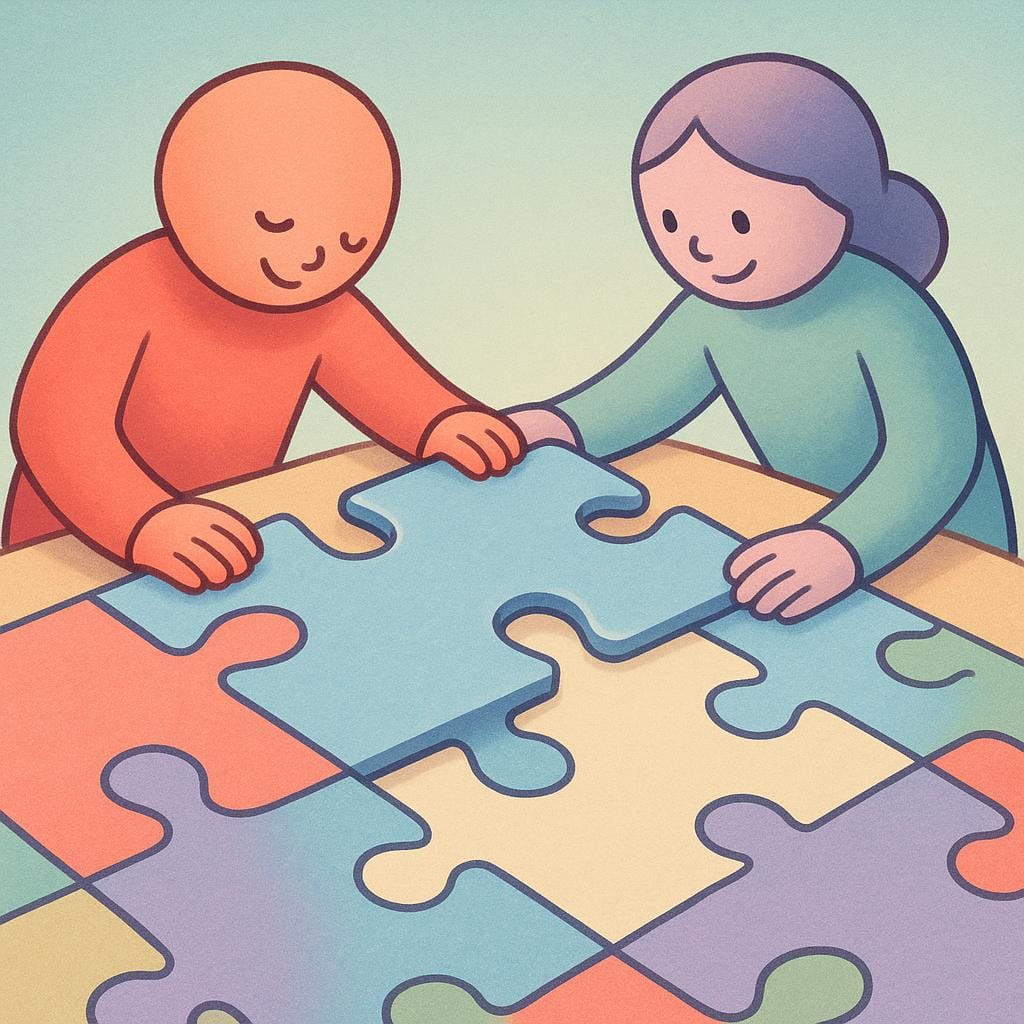 Two figures smiling as they place the last piece into a large, colorful jigsaw puzzle, indicating completion.