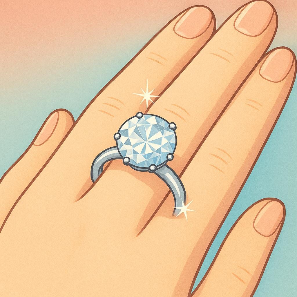 A close-up of a woman's hand wearing a large diamond engagement ring on her ring finger.