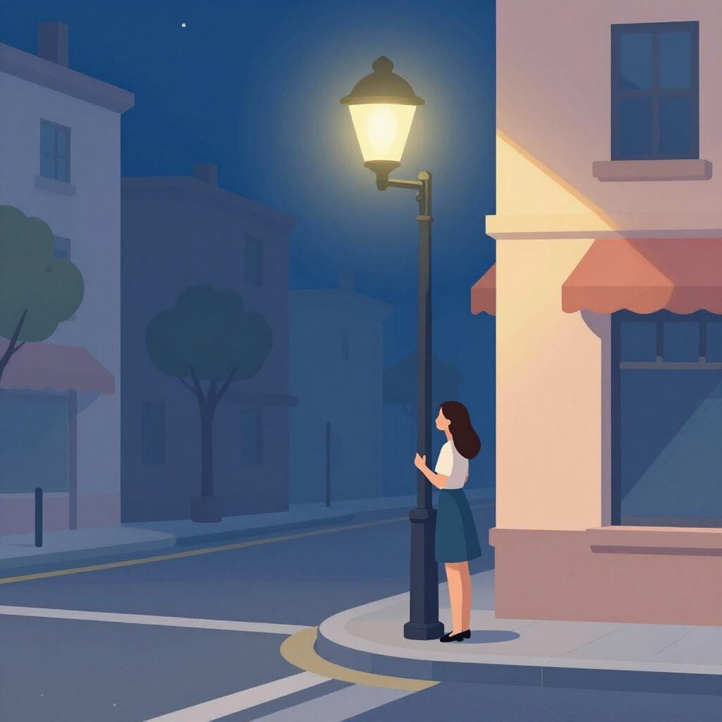 Eine Frau steht nachts unter einer leuchtenden Straßenlaterne an einer ruhigen Straßenecke.