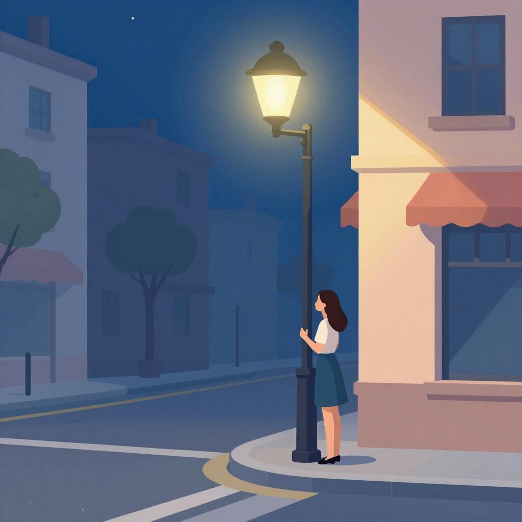 Une personne debout au coin d'une rue de ville calme la nuit, sous un lampadaire.