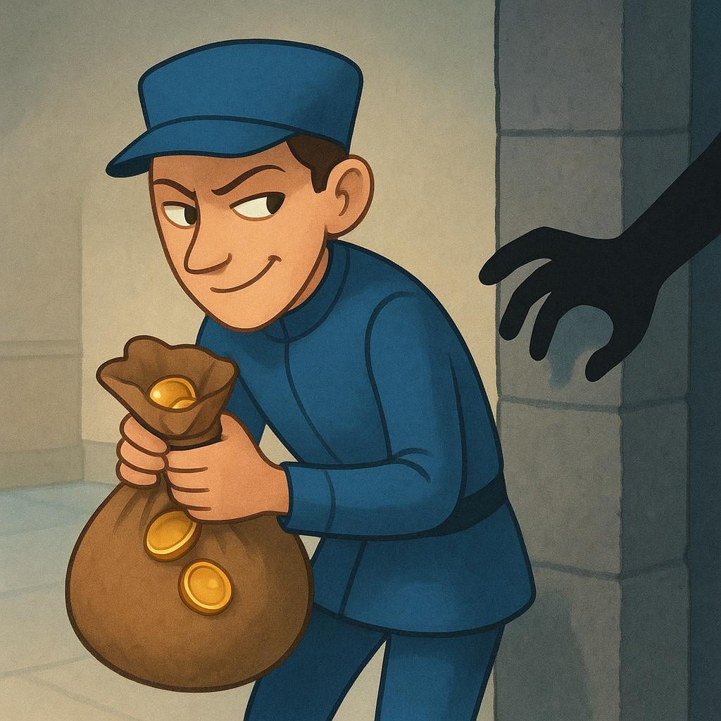 A shifty-looking figure in a simple uniform secretly accepts a large, bulging sack of gold coins behind a pillar, symbolizing a traitorous act.