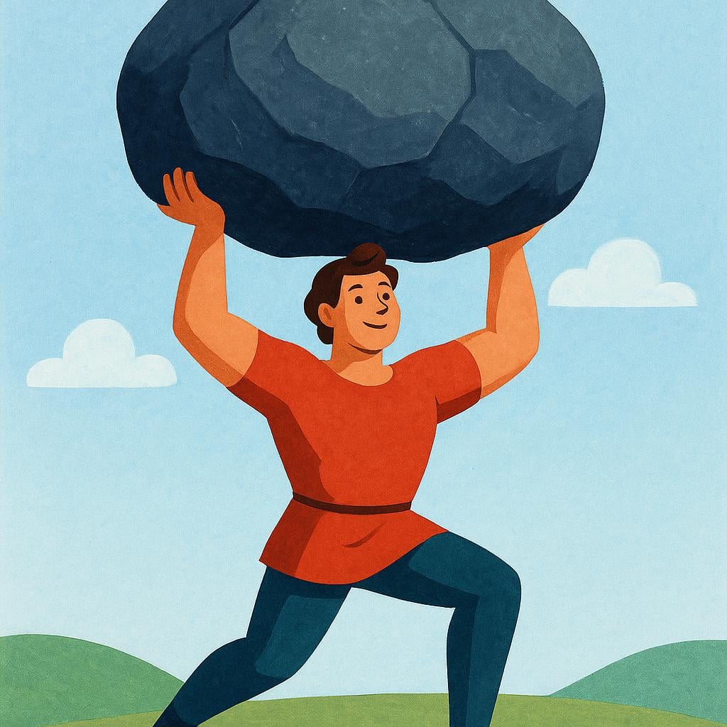 A muscular figure in simple clothing effortlessly lifting a massive gray boulder over their head, demonstrating great strength and power.