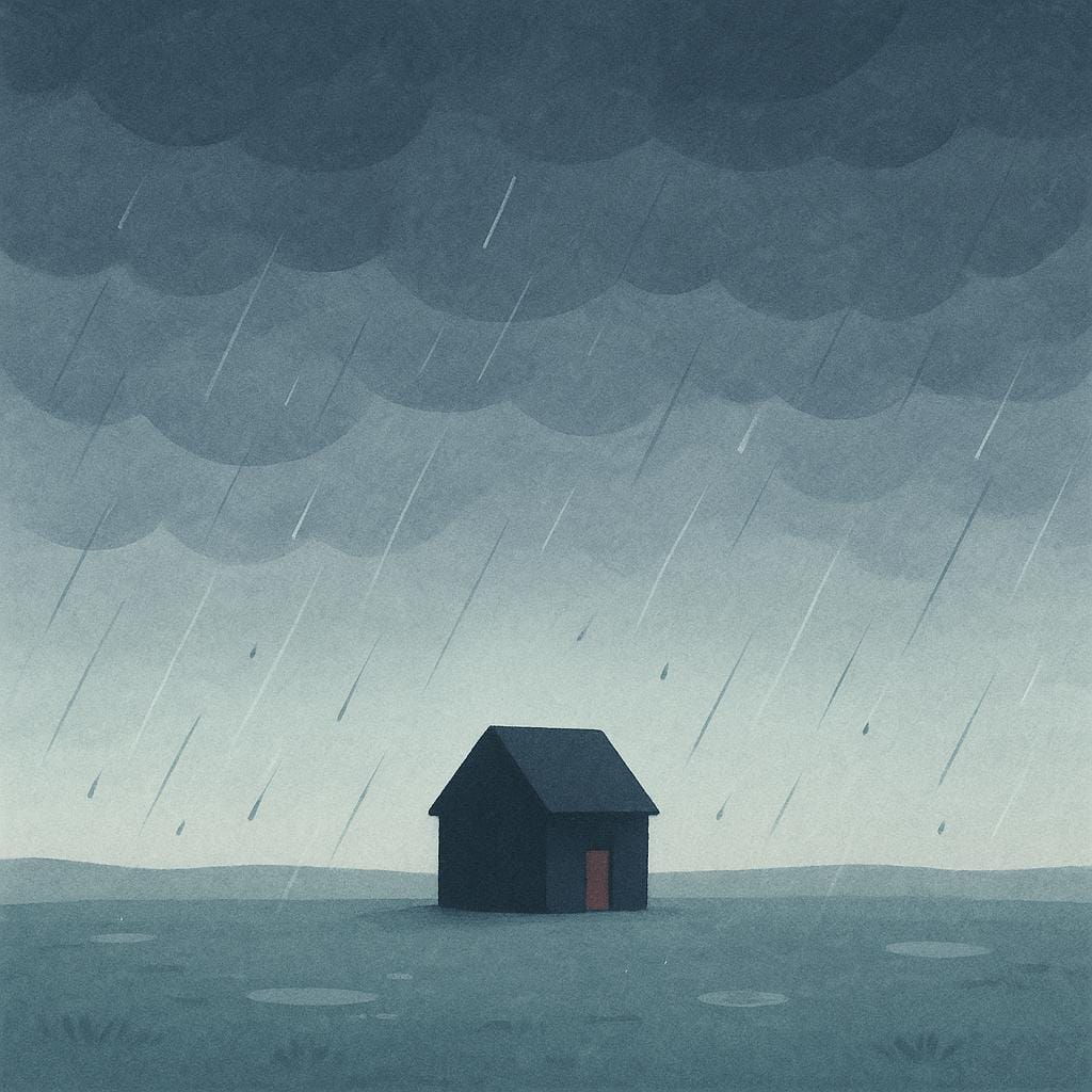 A desolate scene showing a small, lonely house silhouette under a dark, rainy, gray, overcast sky, conveying gloominess.
