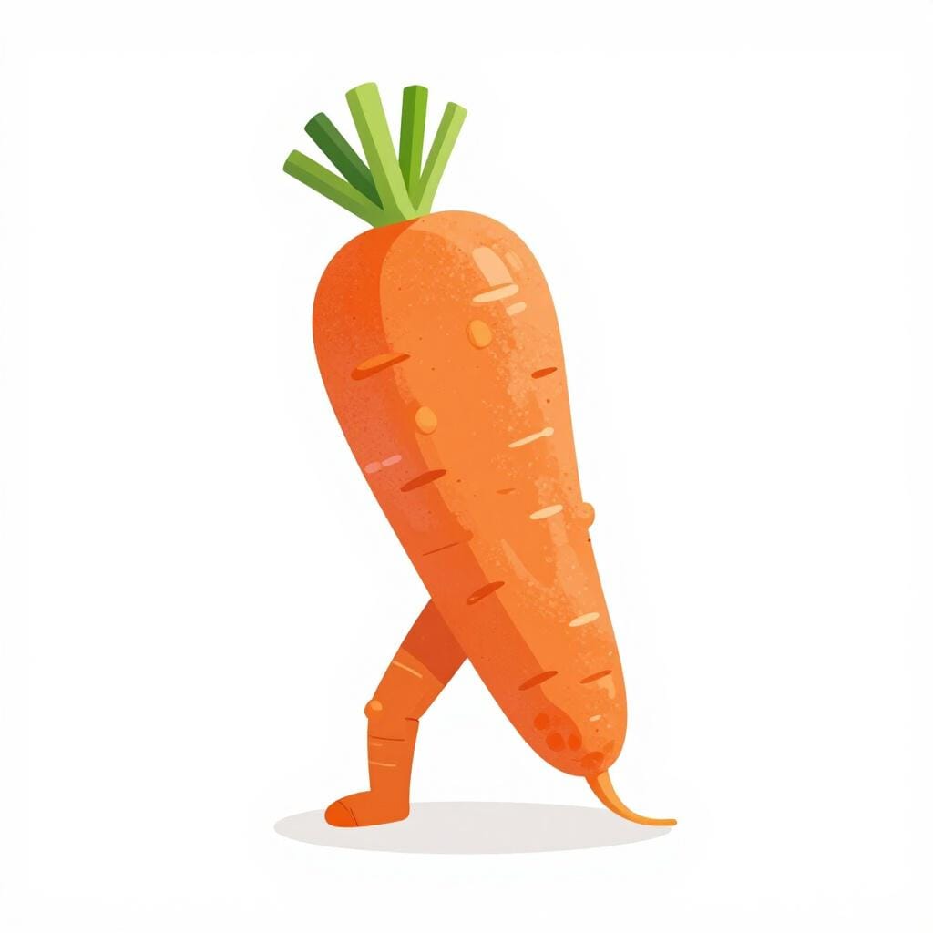 A distorted orange carrot with three legs and lumpy, bumpy skin.