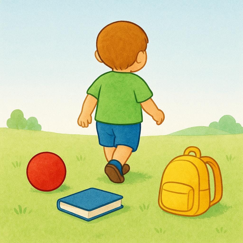 Un bambino piccolo si allontana, lasciando a terra una palla rossa, un libro blu e uno zaino giallo.