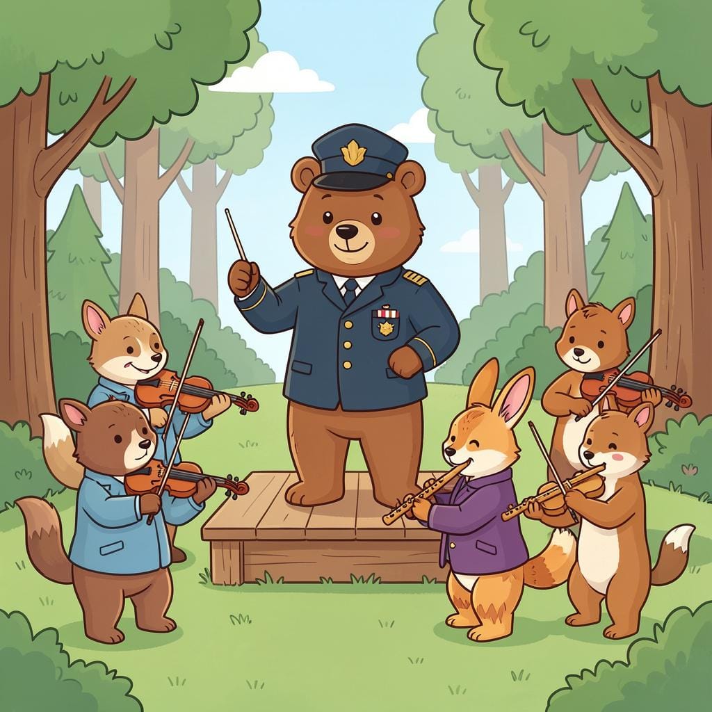 Een vriendelijke beren-dirigent die een groep bosdieren leidt die muziekinstrumenten bespelen.