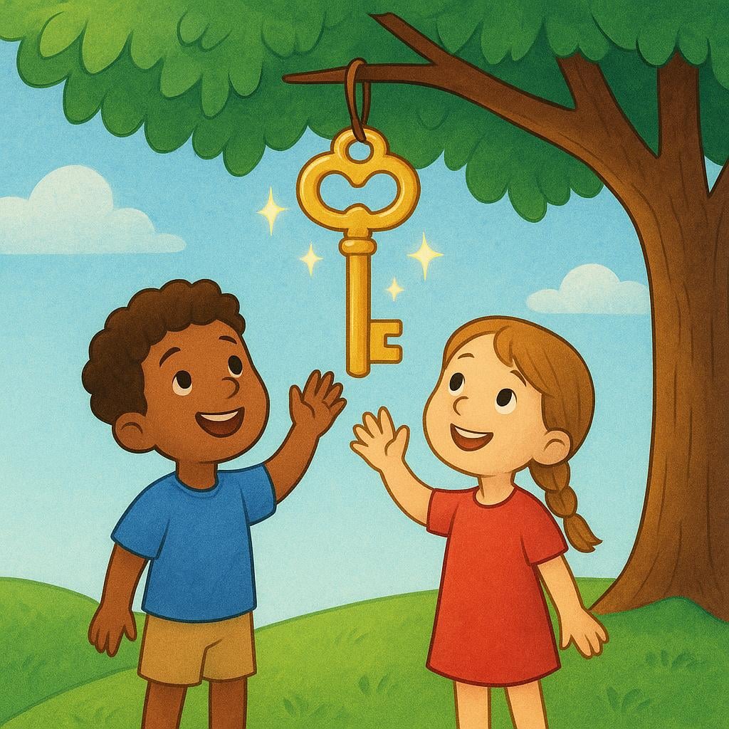 Two children stand together on a sunny green hill, looking up hopefully at a single, large golden key hanging from a tree branch just out of their reach. They are reaching slightly but haven't secured it yet.