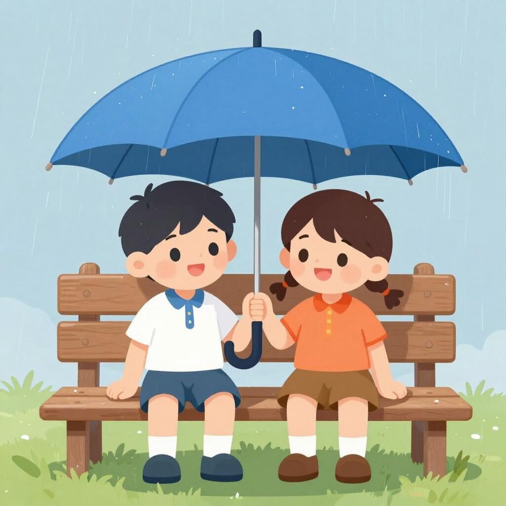 Two children sitting together on a park bench, both holding onto a single large umbrella to stay dry from the rain.