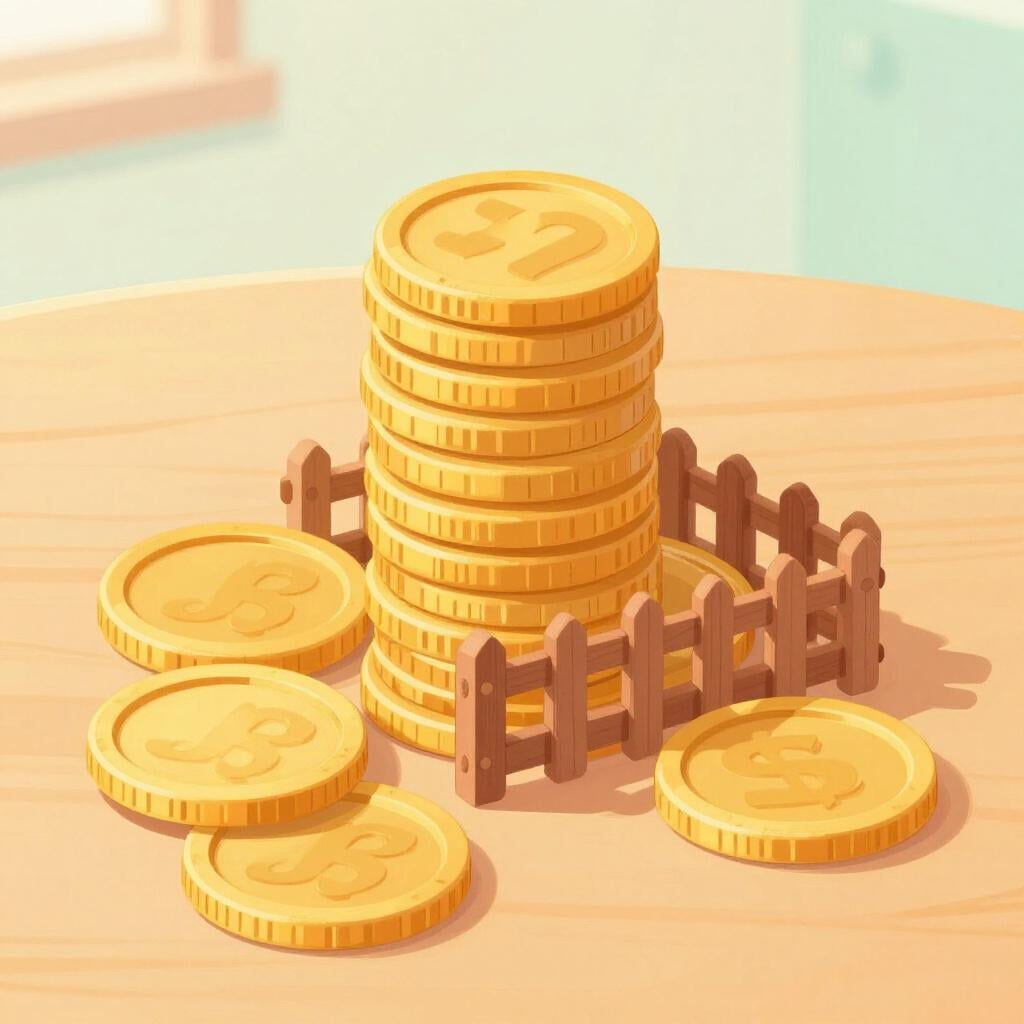 Een stapel gouden munten waarbij één munt wordt tegengehouden door een houten hek.