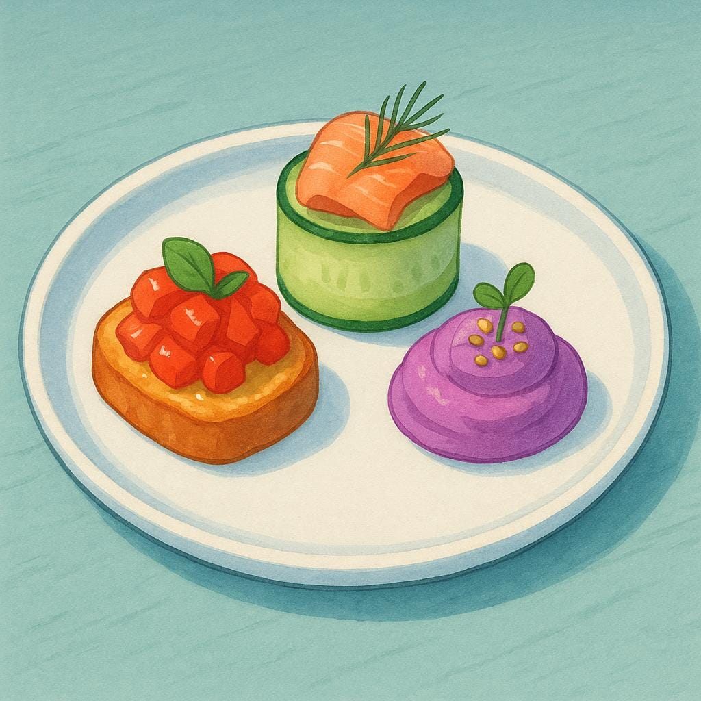 A small white plate holding three colorful, neatly arranged appetizers, such as small rolls or skewers.