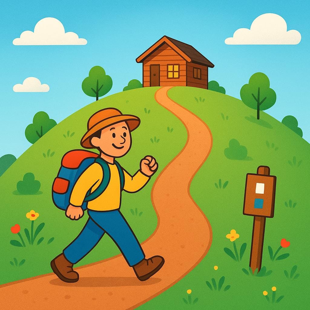 A hiker successfully walking along a brightly colored, clearly marked dirt trail leading toward a small, welcoming wooden cabin, symbolizing reaching a goal by following a method.