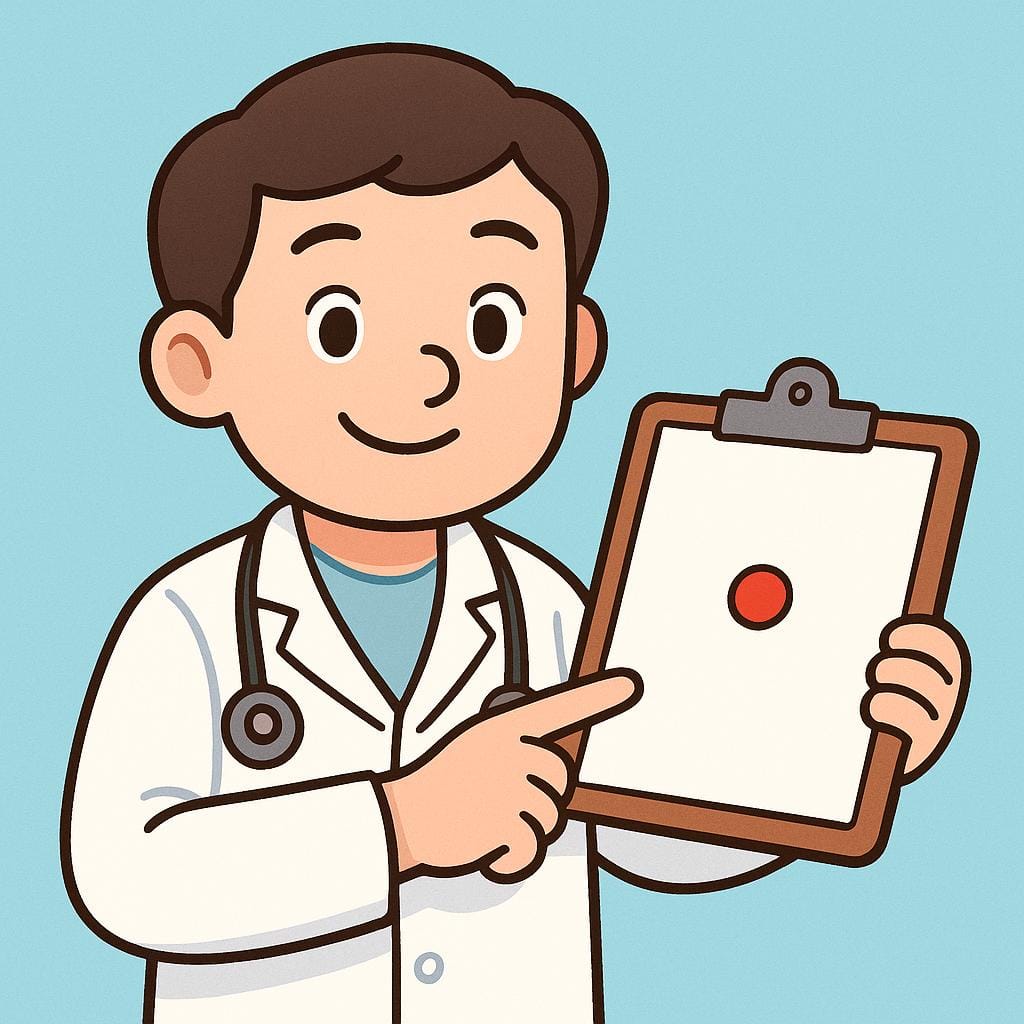 Un medico dei cartoni animati indica con il dito una piccola macchia rossa chiaramente disegnata su una cartella, a simboleggiare una diagnosi medica.