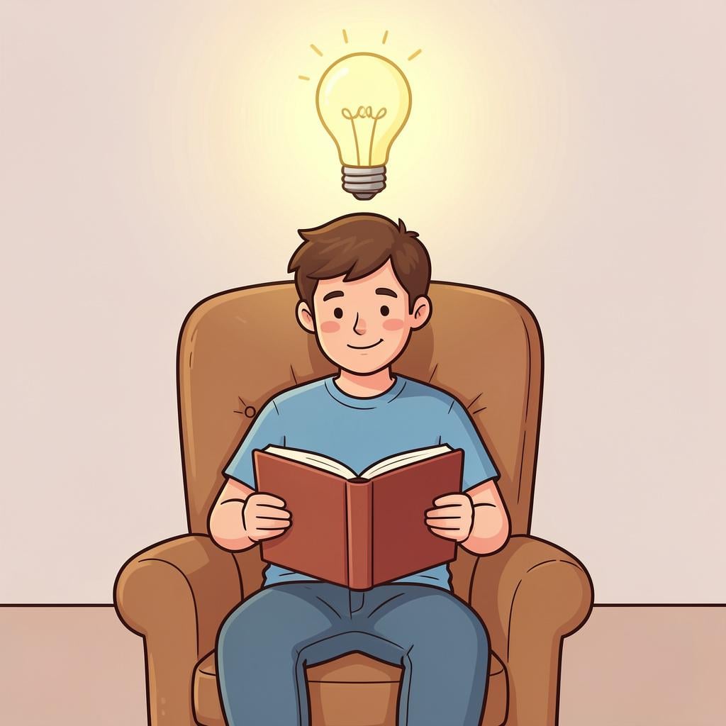 A character with a gentle smile and a glowing lightbulb above their head, looking at an open book with a look of clarity.