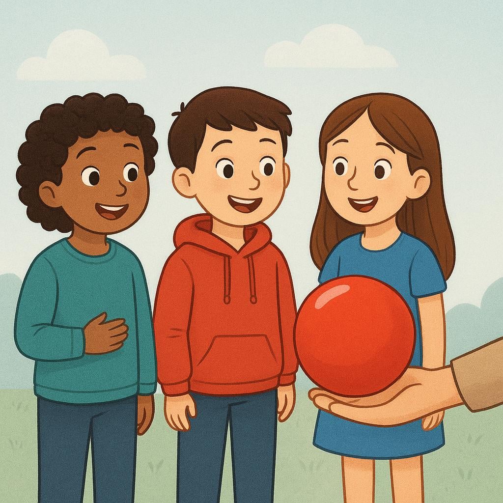 A large red ball being offered by a single hand towards a small group of three friends, visually representing the pronoun 'yours'.