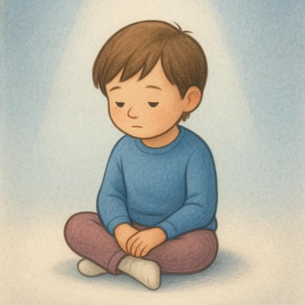 A thoughtful child sitting quietly, illuminated by a single, soft beam of light from above, symbolizing an inner voice or moral guidance.