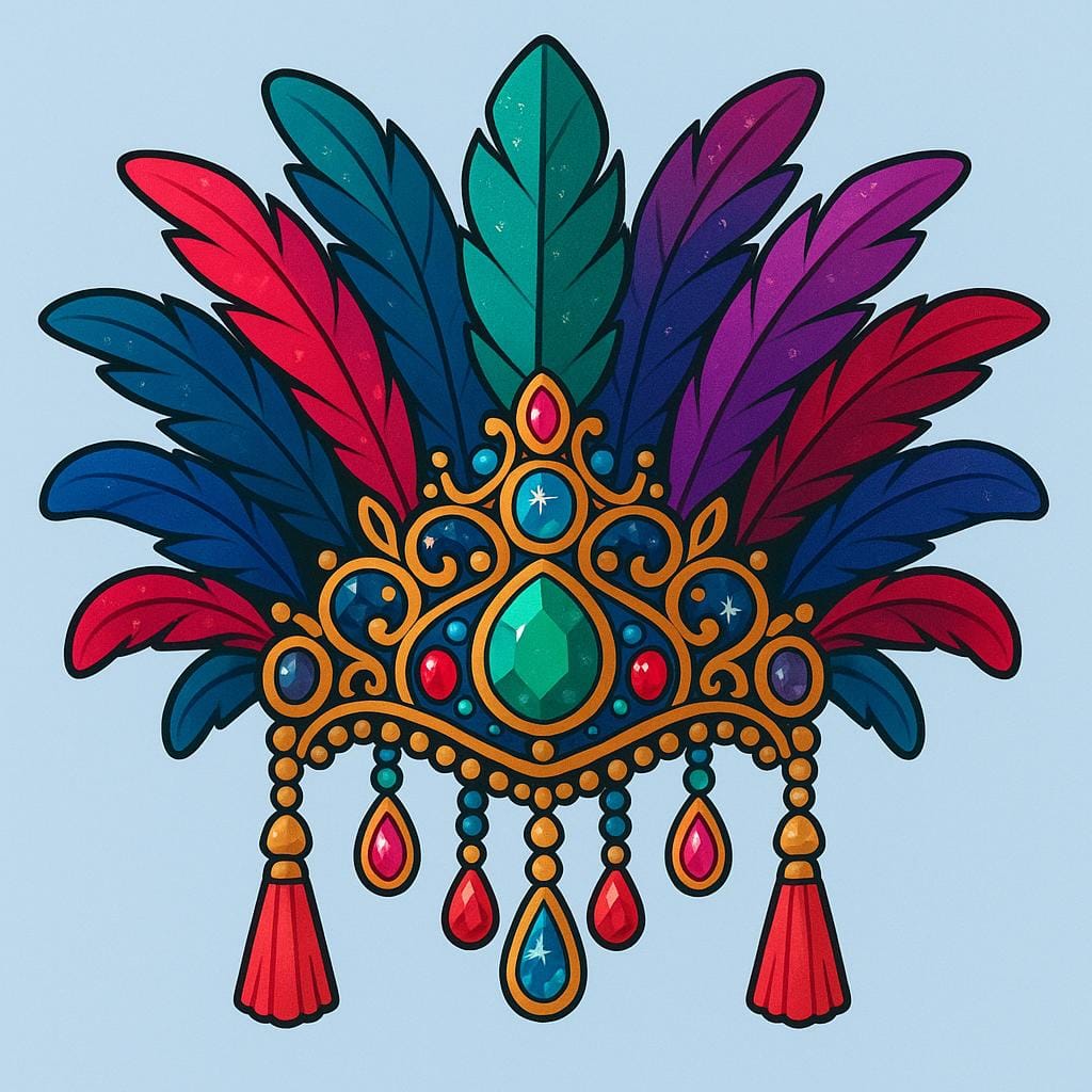 An elaborate, colorful ceremonial headdress decorated with large bright feathers and sparkling jewels, displayed against a simple background.