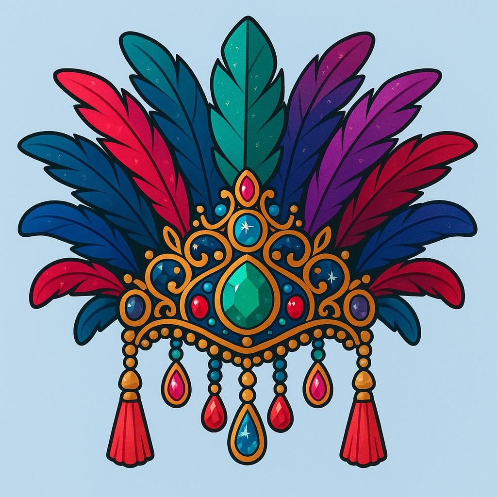 An elaborate, colorful ceremonial headdress decorated with large bright feathers and sparkling jewels, displayed against a simple background.