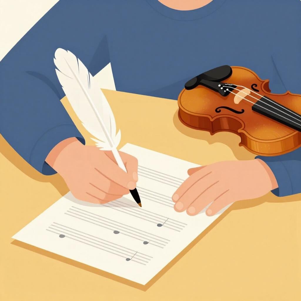 Une personne assise à un bureau en bois, concentrée sur l'écriture de notes de musique sur une feuille de papier tandis qu'un violon repose à proximité.