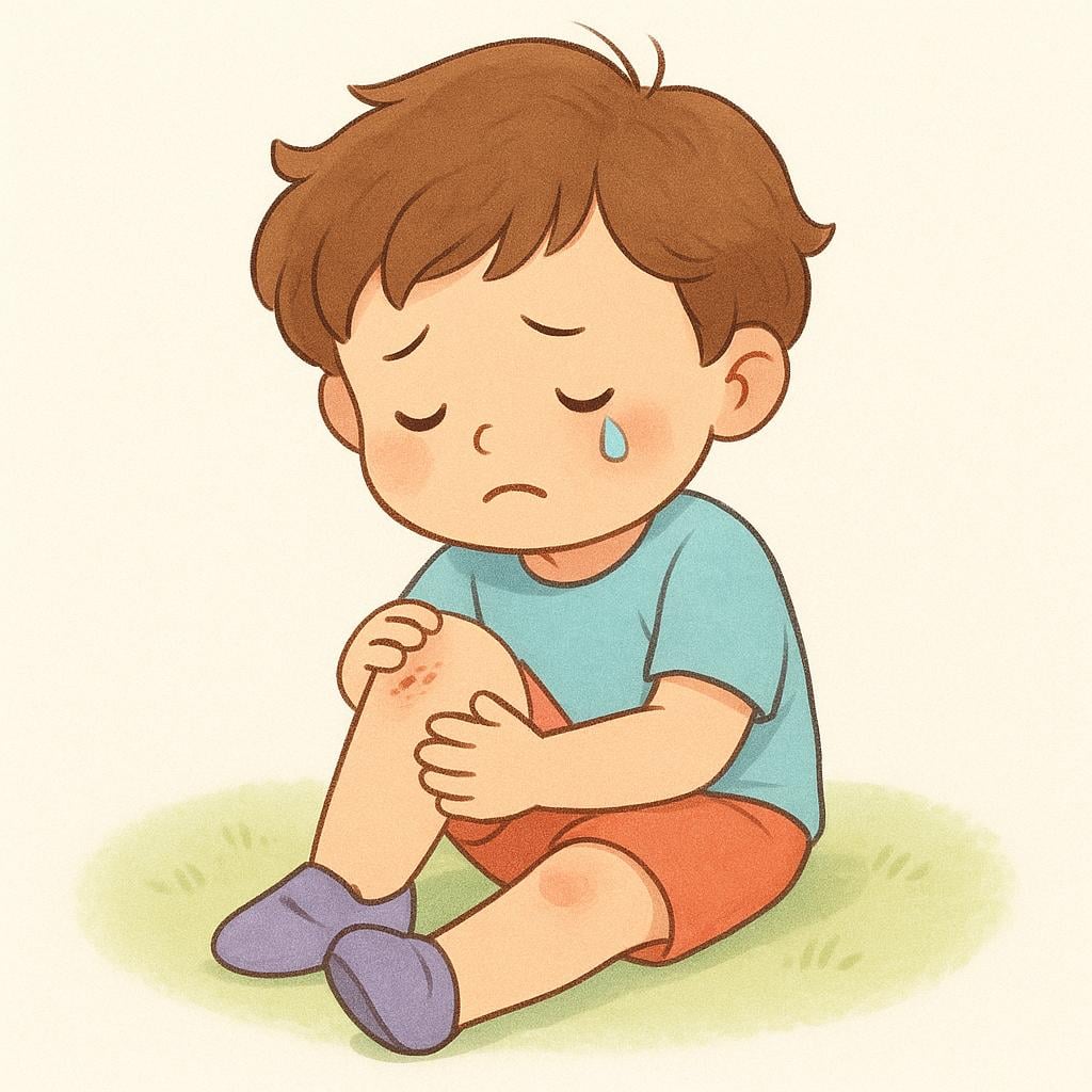 A small, simple child sitting on the ground with a tear rolling down their cheek, holding their knee, illustrating physical or emotional pain.