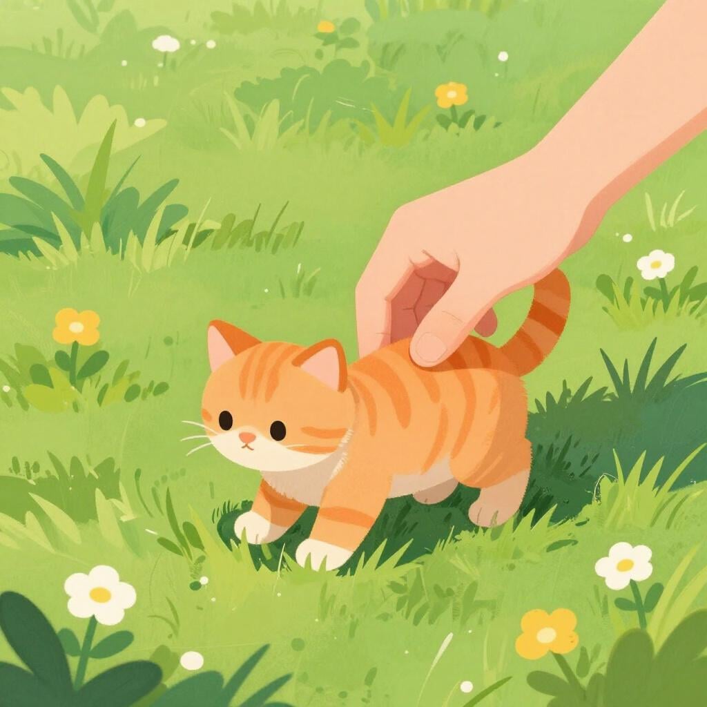 A person holding a small kitten they have just discovered in a garden.