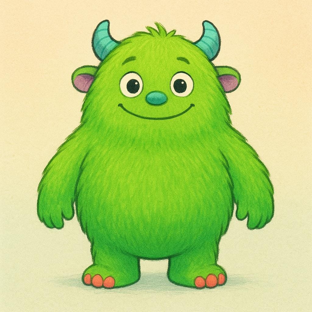 A friendly, green, furry monster with large eyes and small horns standing in a colorful storybook setting.