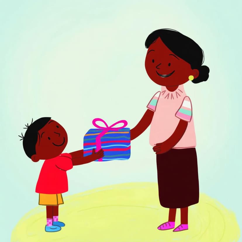 A person happily giving a brightly wrapped present to another person.