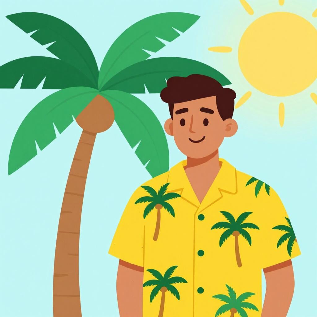 Un uomo felice che indossa una camicia tropicale in piedi davanti a una palma.