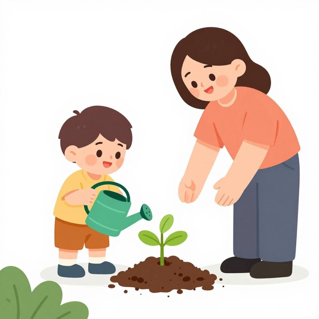 Ein Kind pflanzt glücklich einen kleinen Baum in einem Garten zusammen mit einem Erwachsenen.