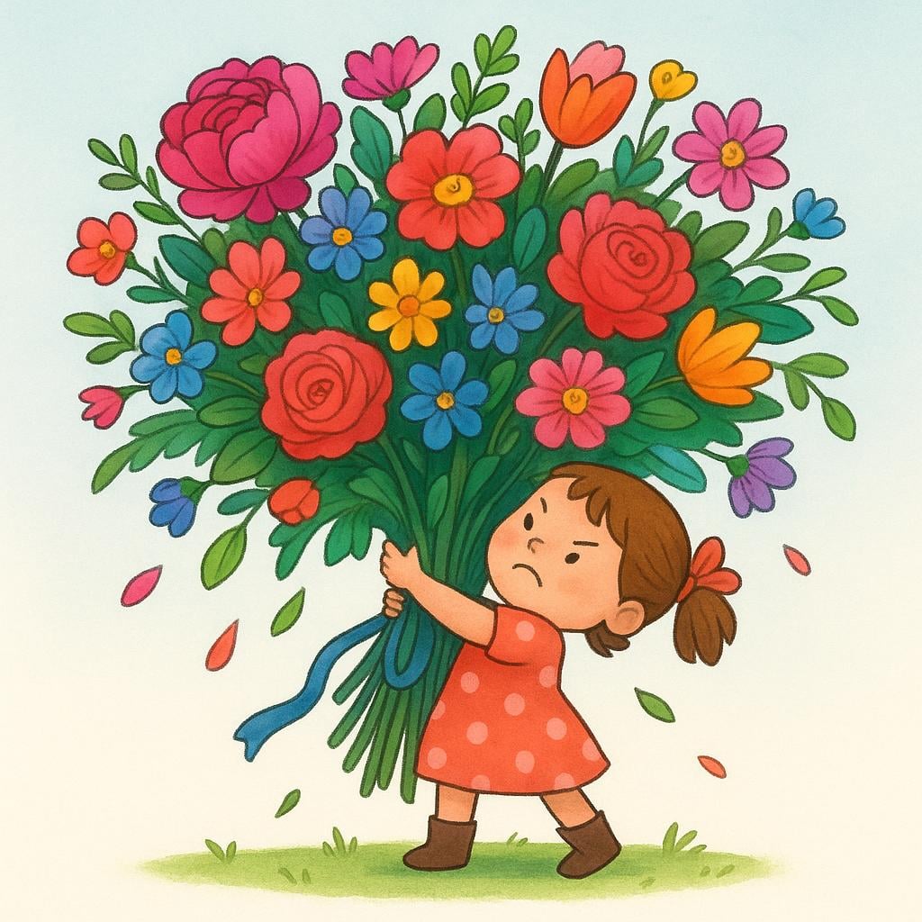 A small girl struggling to hold an enormous, overflowing bouquet of vibrant, colorful flowers that completely hide her torso.