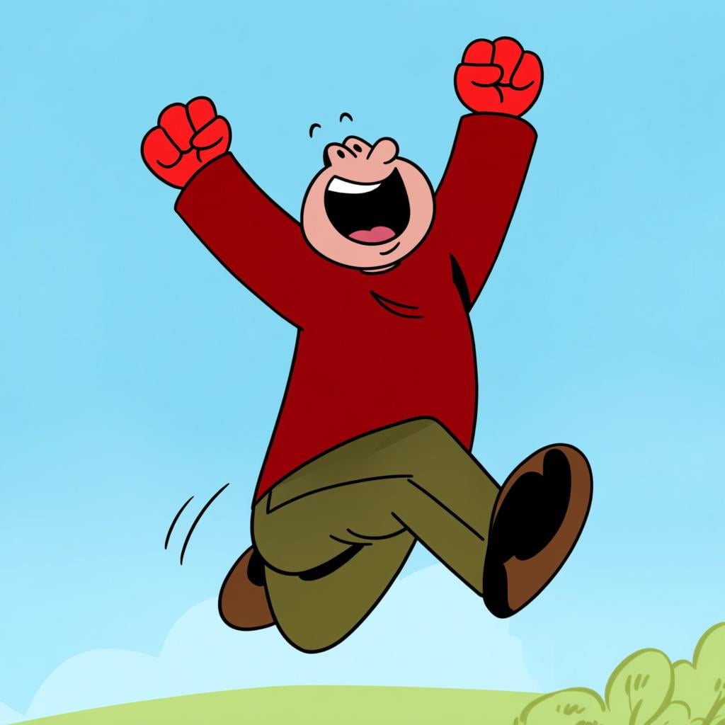 A character jumping high in the air with both fists raised, celebrating a clear victory.