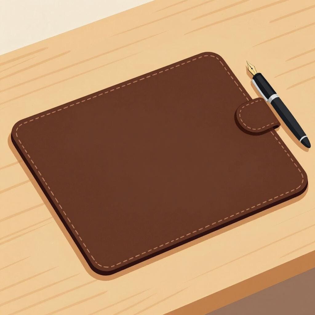 A large rectangular leather desk pad lying flat on a wooden surface with a single pen resting on top.