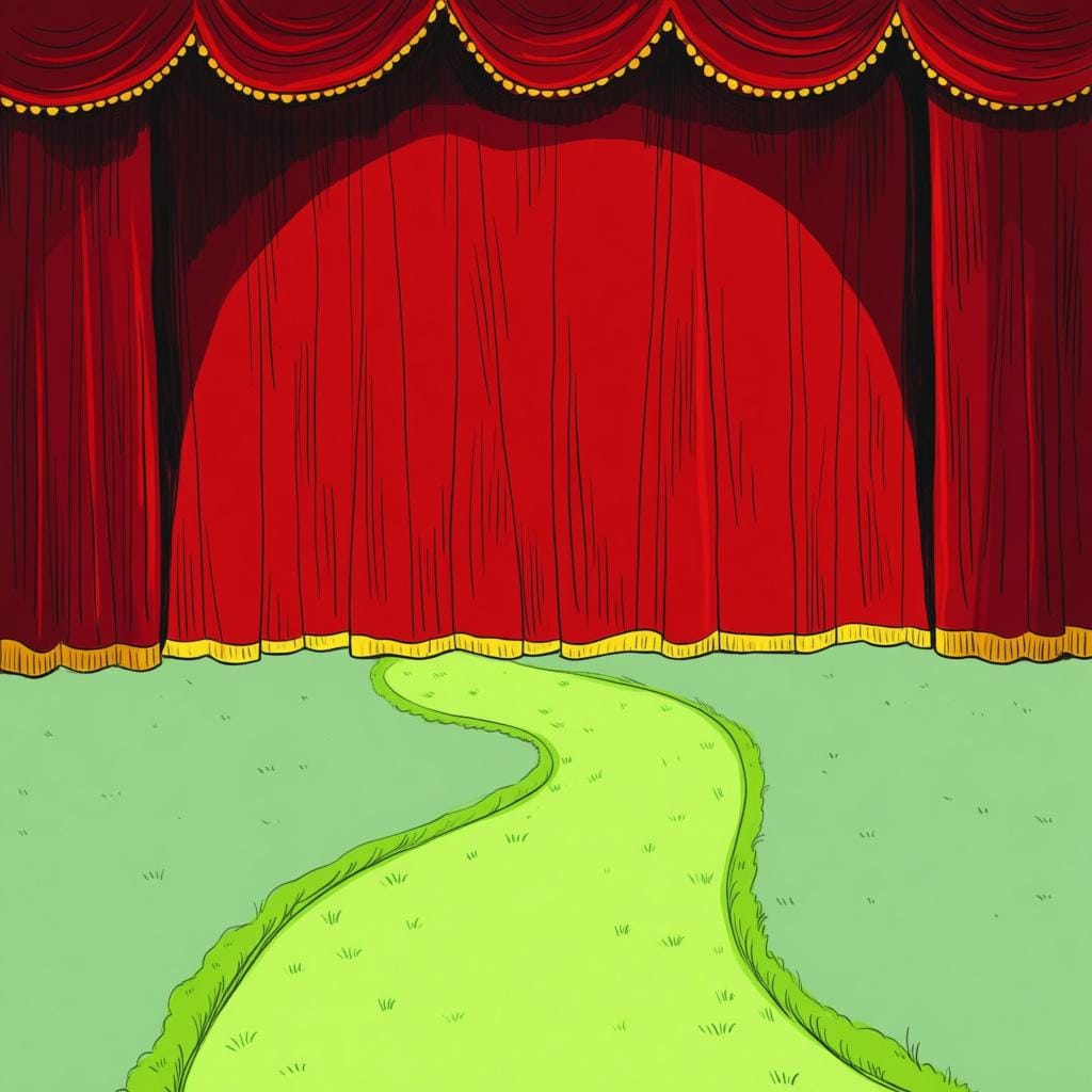 A winding path that has reached its terminus at a closed red curtain.