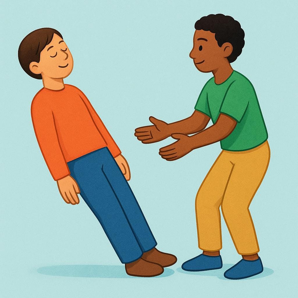 Um desenho mostrando uma pessoa caindo para trás com os olhos fechados, confiando totalmente na pessoa atrás dela que está pronta para pegá-la em um exercício de queda de confiança.