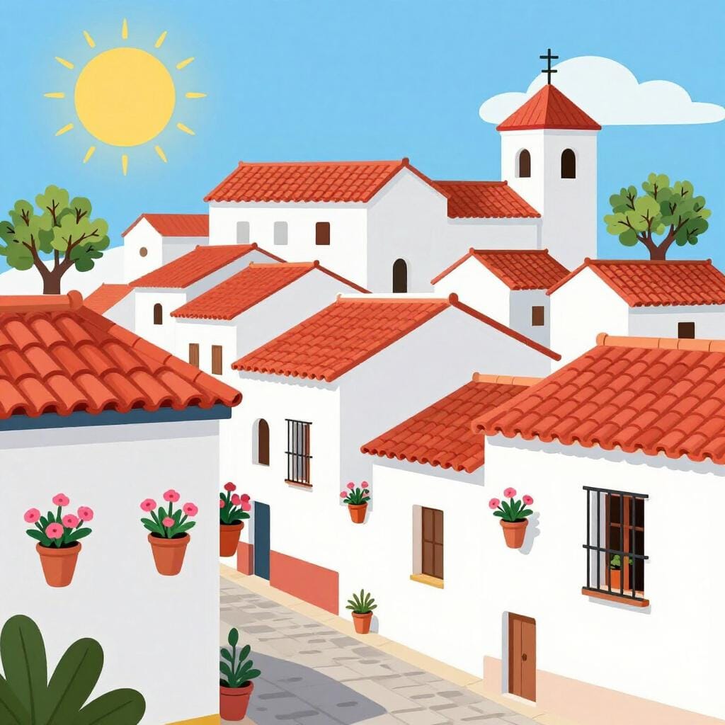 A white-washed village with terracotta roofs set against a bright blue sky and rolling hills with olive trees.