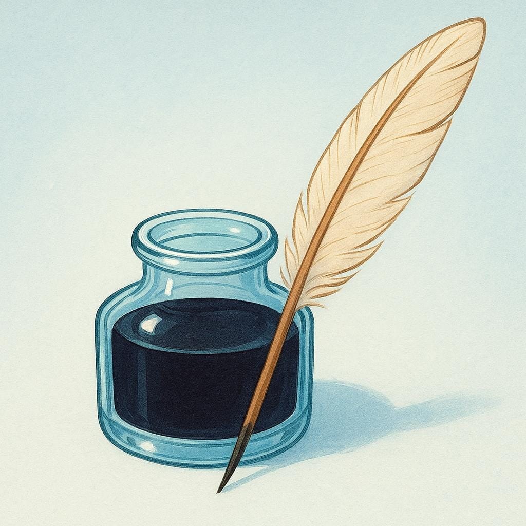 A simple, open glass inkwell containing black ink, with a feather quill resting against the bottle.
