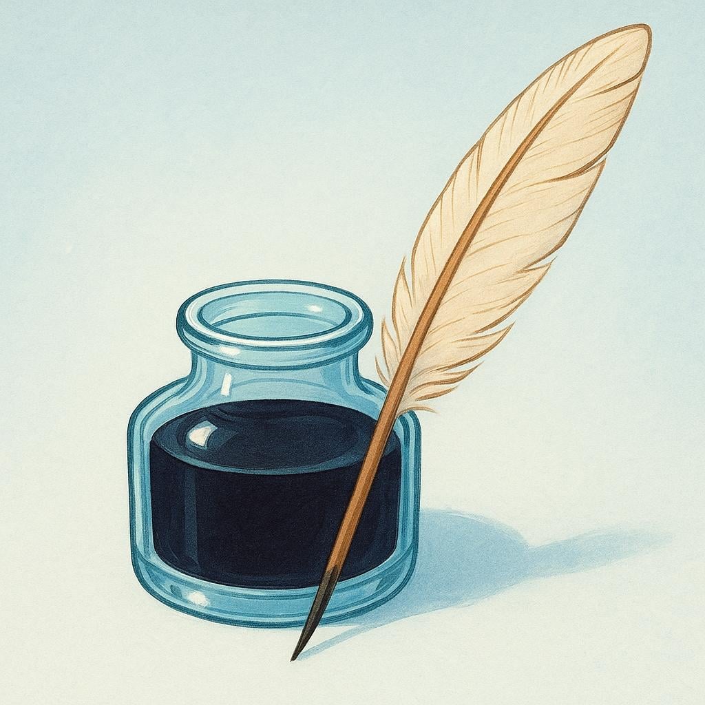 A simple, open glass inkwell containing black ink, with a feather quill resting against the bottle.