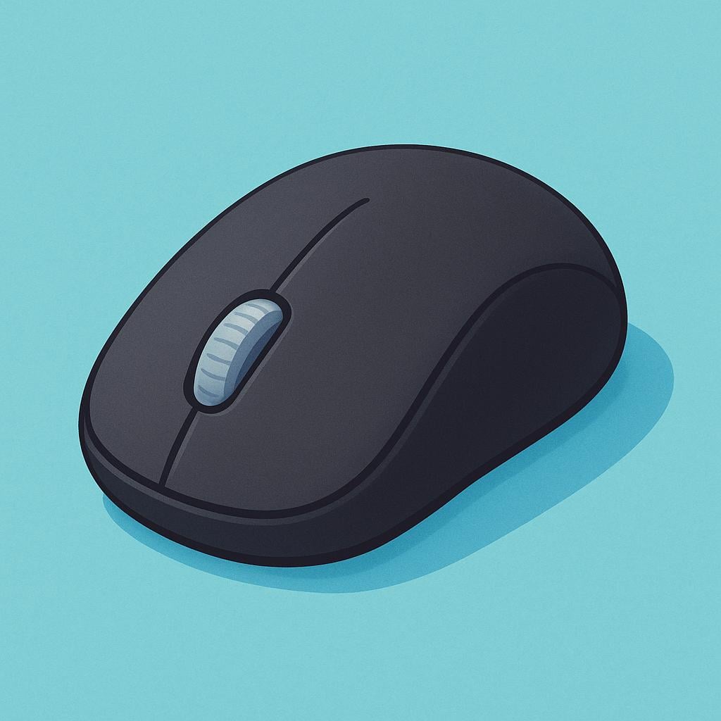 A simple, ergonomic black computer mouse with a scroll wheel resting on a desk.