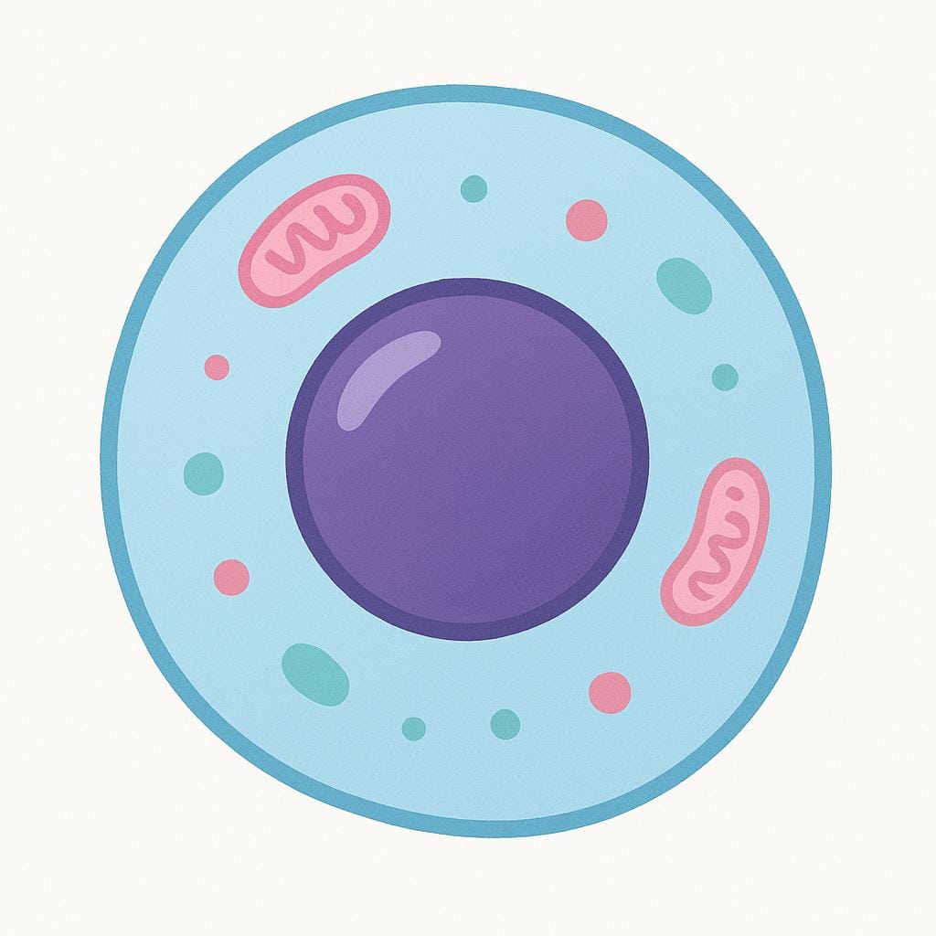 A simplified illustration of a biological cell, showing a large, distinct, dark purple sphere (the nucleus) surrounded by lighter blue cytoplasm, all enclosed by a membrane.
