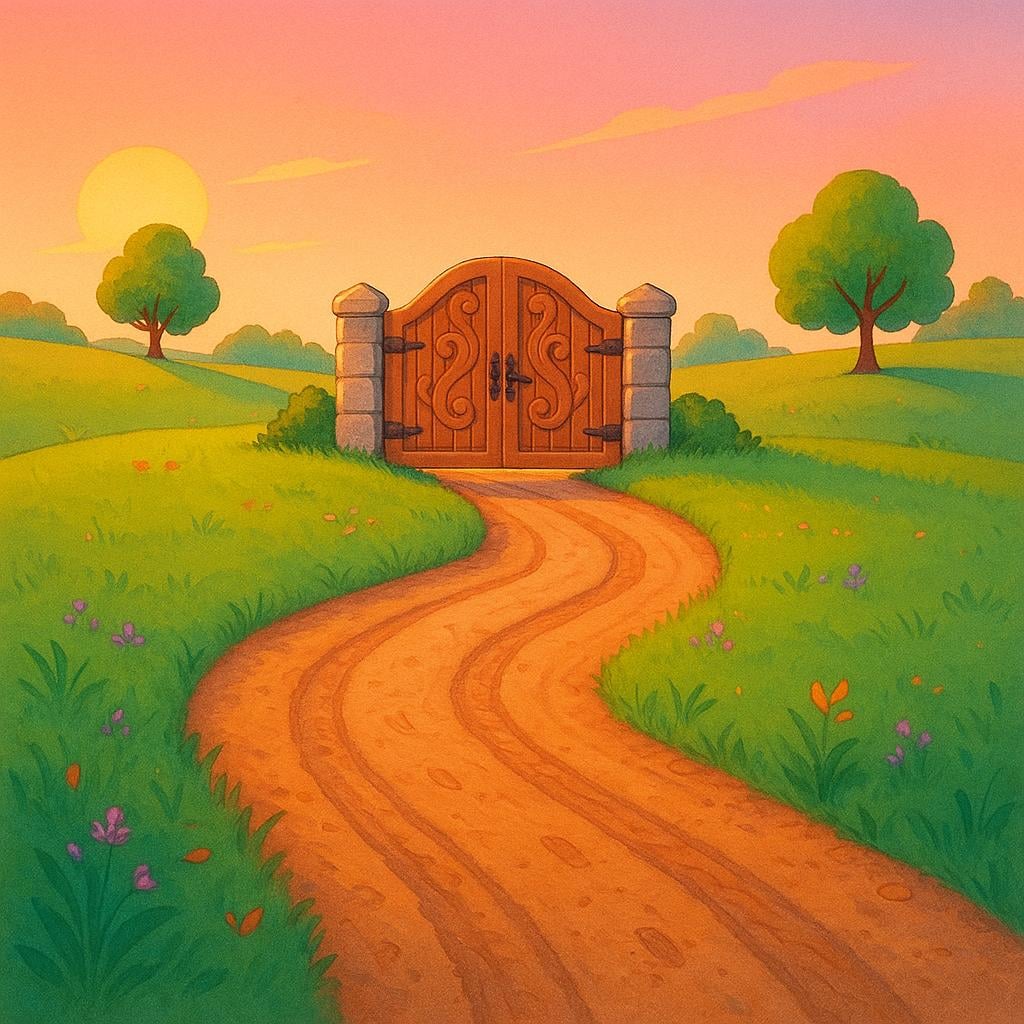 A winding road made of cobblestones leading to a closed, decorative wooden gate set against a setting sun, symbolizing the end of a period.