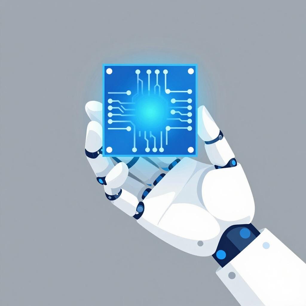 A sleek, modern robotic hand holding a glowing blue circuit board.