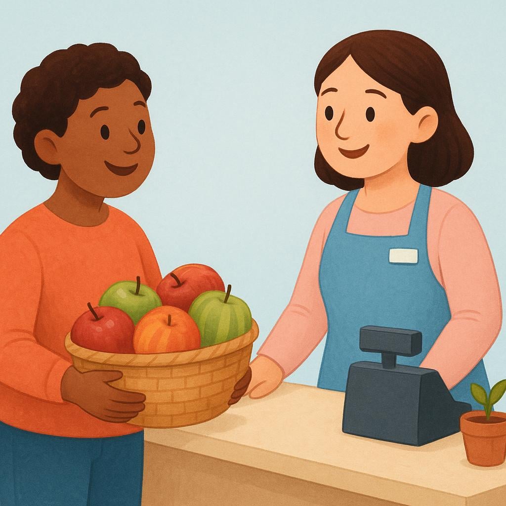 A colorful storybook illustration showing a smiling customer standing across a counter from a cashier. The customer is holding a basket of apples, ready to pay.