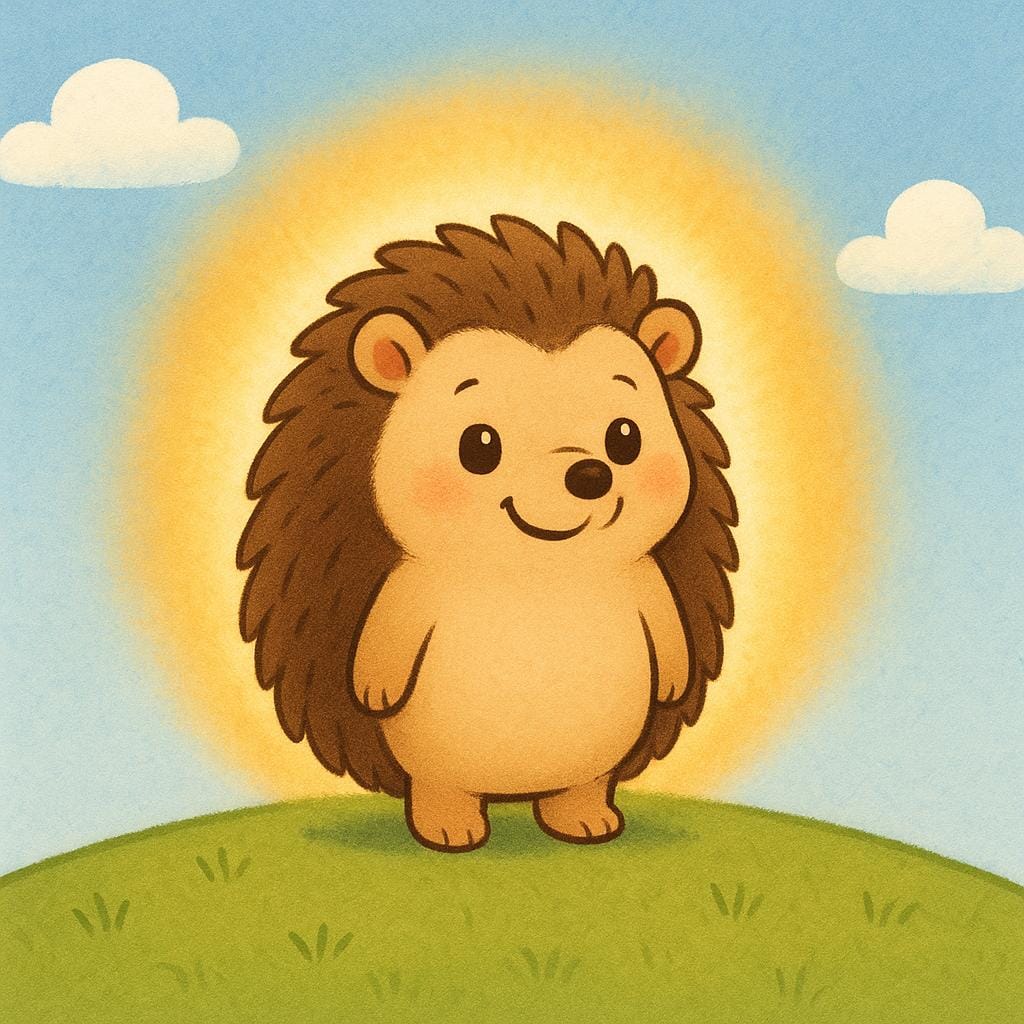 Een vrolijke, lachende egel staat op een groene heuvel. De egel is omgeven door een zachte, gloeiende aura van gouden licht, wat zijn sterke mentale geest symboliseert.