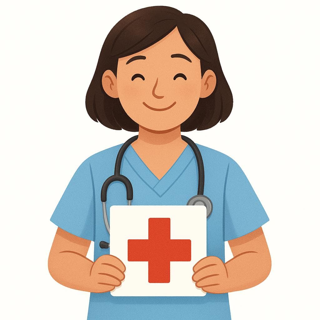Uma ilustração colorida de uma enfermeira sorridente vestindo um uniforme azul claro e um estetoscópio, representando a profissão de enfermagem.
